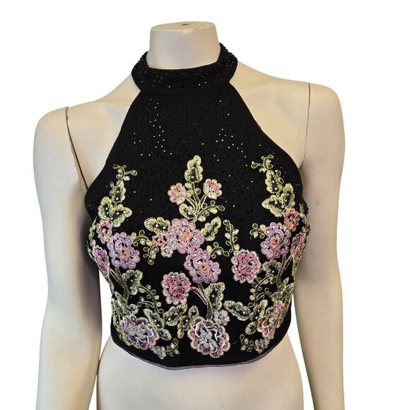Women's 11 Black Beaded Applique Sequins Halter Crop Top Pink Gold Floral Design - Picture 1 of 16